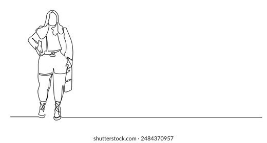 continuous line drawing of fashion fat woman.one line drawing of fat woman dressed in fashionable clothes hanging out.single line vector illustration.isolated white background