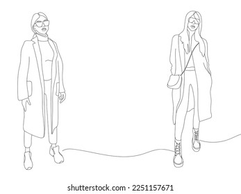 Continuous line drawing of a Fashion girls on white background. Casual Girls dressed in a coat and sneakers. Lifestyle vector illustration