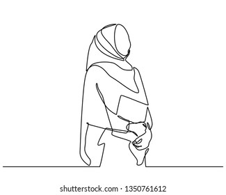 continuous line drawing of Fashion portrait of muslim wearing hijab. portrait of Islamic female students with headscarves studying at the college level. the concept of returning to school