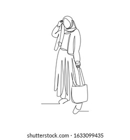 Continuous line drawing of fashionable muslim woman wearing hijab scarf. Vector illustration.