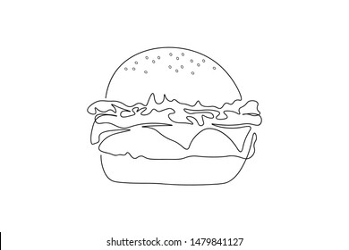 continuous line drawing of a fast food  hamburger with  cheese and beef vector 