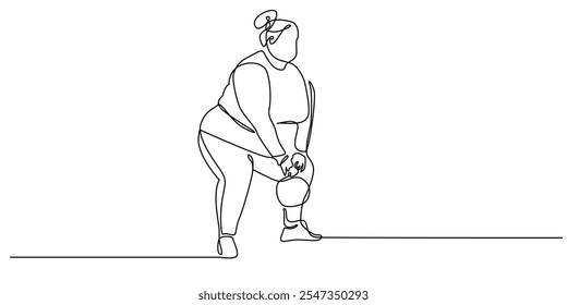 Dibujo de línea continua de mujer gorda haciendo ejercicio en el gimnasio. Una línea dibujando retrato de mujer gorda levantando pesas rusas. Ilustración vectorial de una sola línea. fondo blanco aislado