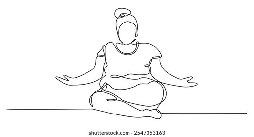 continuous line drawing of fat woman yoga.one line drawing portrait of fat woman doing yoga meditation.single line vector illustration.isolated white background