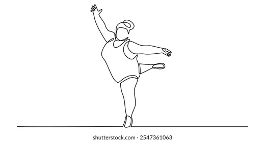 Dibujo de línea continua de mujer gorda bailando ballet. Una línea dibujando retrato de mujer gorda en pose de ballet. Ilustración vectorial de una sola línea. fondo blanco aislado