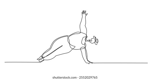 continuous line drawing of fat woman yoga.one line drawing of fat woman doing yoga exercises.simple single line vector illustration.isolated white background