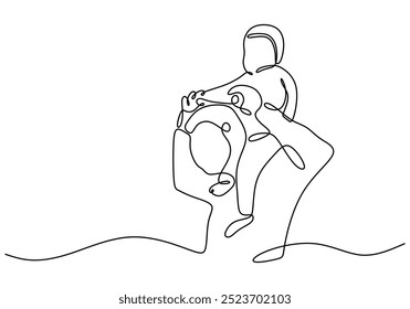 Continuous line drawing of a father carrying his child. Simple and heartfelt representation of parenthood. Vector illustration.