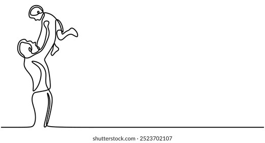 Continuous line drawing of a father carrying his child. A simple and elegant family representation. Vector illustration.