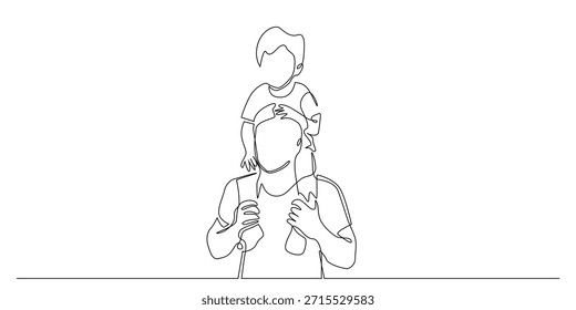Kontinuierliche Linienzeichnung eines Vaters, der seinen jungen Sohn auf den Schultern trägt und Glück, Vertrauen, Fürsorge und freudige Familienmomente symbolisiert. Einzeilige Illustration, geeignet für die Elternschaft von Liebes- und Bindungsthemen.