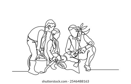 Continuous line drawing of father and child planting trees. Volunteers and Eco-friendly lifestyle concept illustrations. Take care of the environment Line art vector isolated on a white background