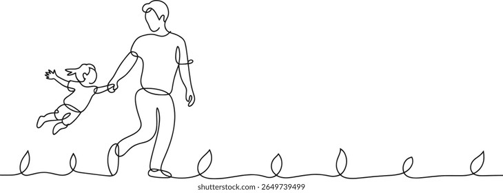 Continuous Line Drawing of Father and Child Holding Hands Together, Walking Side by Side in Harmony and Love