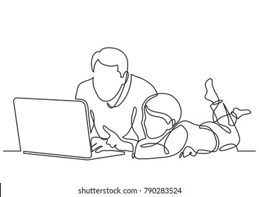 Continuous Line Drawing Of Father And Child Watching Laptop Computer