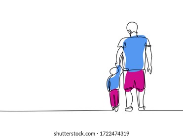 Continuous line drawing of a father and children lovely family concept Father's Day card happiness moment. Vector