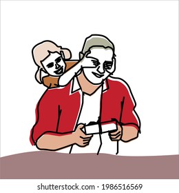 Continuous line drawing of a father and children lovely family concept Father's Day card happiness moment.