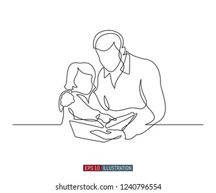 Continuous line drawing of father and daughter read a book. Template for your design works. Vector illustration.