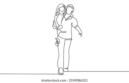 Continuous Line Drawing of Father and Daughter Walking Together. Happy Father`s Day Concept in Line Art Style. Dad with Child Walking Linear Vector Illustration. Not AI