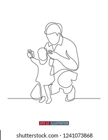 Continuous line drawing of father helps daughter to take her first step. Template for your design works. Vector illustration.