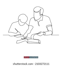 Continuous line drawing of The father helps his son with schoolwork. Template for your design. Vector illustration.