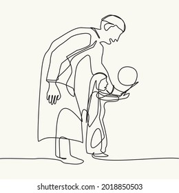 Continuous line drawing of a father and his daughter playing balloons lovely family concept Father's Day card happiness moment.  Vector ilustration of Father's Day . Muslim family.