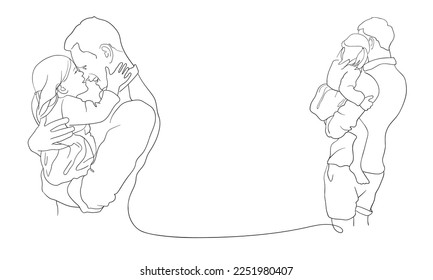 Continuous line drawing of father and his daughter on white background. Happy young father hugging his little daughter. Outline vector illustration