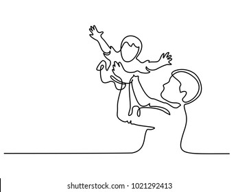 Continuous line drawing. Father holding happy son up in air. Vector illustration