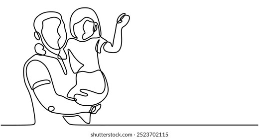 Continuous line drawing of a father holding his child in his arms. Simple and loving representation of family. Vector illustration.