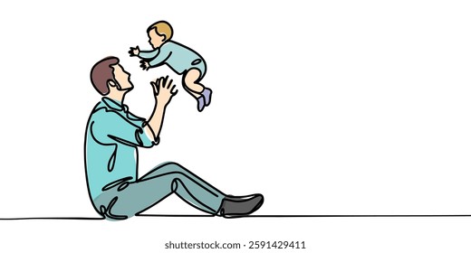 Continuous line drawing. Father holding happy son up in air. Vector illustration
