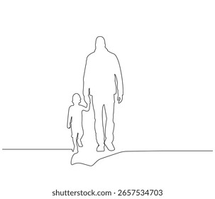 Continuous line drawing of Father Holding His Son Hand. Single line illustration of Father Holding a hand. Parents day concept. Editable outline
