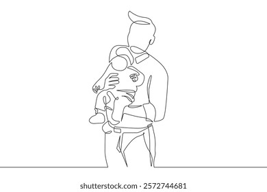 Continuous Line Drawing of Father Holds Son. Happy Father`s Day Concept in Line Art Style. Dad with Child Linear Vector Illustration. Not AI