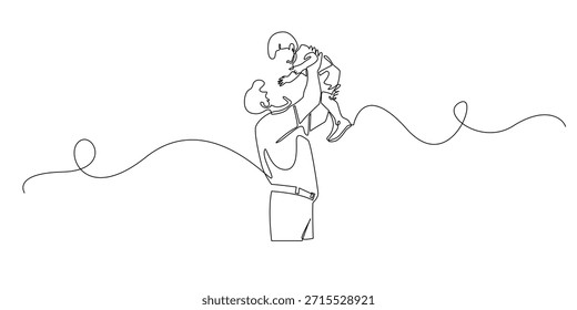 desenho de linha contínua de um pai levantando seu filho jovem, simbolizando amor, cuidado, confiança e fortes laços familiares. ilustração de linha única é adequada para temas de paternidade, família e afeto.