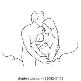 Continuous line drawing of father and mother holding their newborn baby.  line art drawing vector illustration.