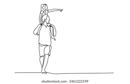 Continuous line drawing of  father playing with a child. Father's Day concept.Single one-line drawing of father carrying his child on his back.
