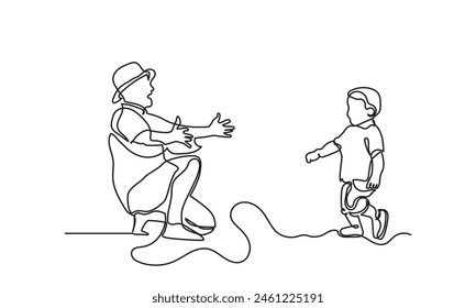 Dibujo de línea continua de padre jugando con su hijo. Concepto del Día del Padre. Dibujo de una sola línea de padre e hijo bebé que comienza a caminar.