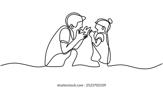 Continuous line drawing of a father playing with his daughter. Simple design representing playful moments. Vector illustration.