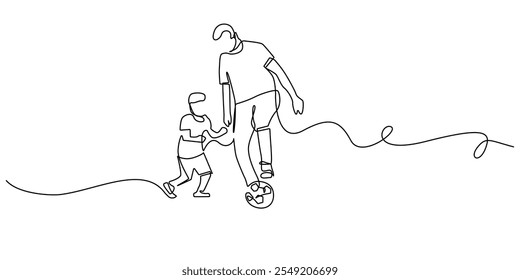 Dibujo de línea continua de padre jugando al fútbol con hijo. Dibujo de línea de entrenamiento de fútbol. Ilustración vectorial de línea única. Fondo blanco aislado