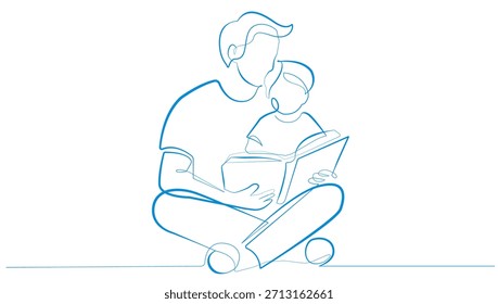 Dibujo de línea continua del padre lee con el niño. Feliz Día del Padre en Línea Estilo de Arte. Papá y pronto leen juntos Ilustración vectorial de arte de línea. No es IA