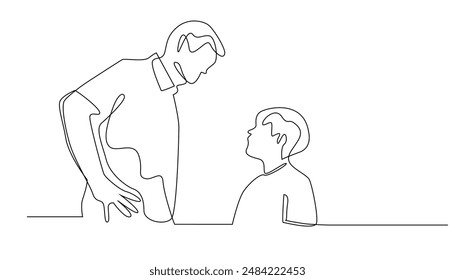 continuous line drawing of father scolding son. one line drawing of father advising son. single line vector illustration. isolated on white background
