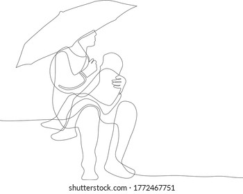 continuous line drawing of a father is sitting on the bench with his child on his lap, protecting him with an umbrella from the rain.