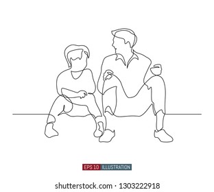 Continuous Line Drawing Of Father And Son Sit And Talk. Template For Your Design Works. Vector Illustration.