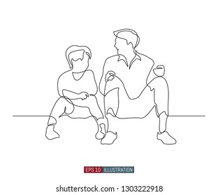 Continuous line drawing of father and son sit and talk. Template for your design works. Vector illustration.