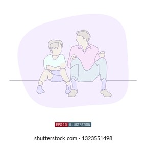 Continuous line drawing of father and son sit and talk. Template for your design works. Vector illustration.