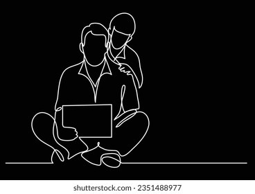 continuous line drawing of father and son watching tablet