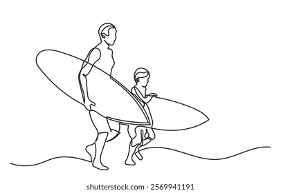 Continuous line drawing of Father and son with surfboards at the beach.single line Father and Son Going Surfing vector illustration. The father's son is isolated on a white background.