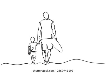 Continuous line drawing of Father and son with surfboards at the beach.single line Father and Son Going Surfing vector illustration. The father's son is isolated on a white background.