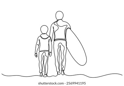 Continuous line drawing of Father and son with surfboards at the beach.single line Father and Son Going Surfing vector illustration. The father's son is isolated on a white background.