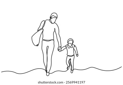 Continuous line drawing of Father and son with surfboards at the beach.single line Father and Son Going Surfing vector illustration. The father's son is isolated on a white background.