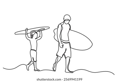 Continuous line drawing of Father and son with surfboards at the beach.single line Father and Son Going Surfing vector illustration. The father's son is isolated on a white background.