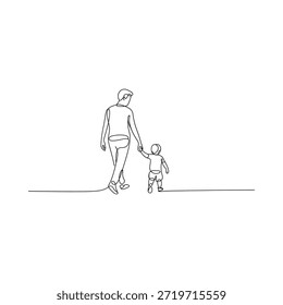 A continuous line drawing of a father and son walking hand in hand