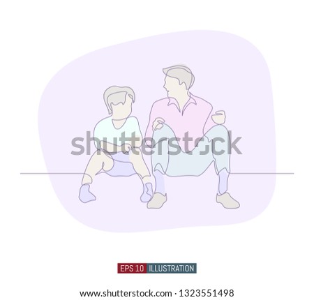 Continuous line drawing of father and son sit and talk. Template for your design works. Vector illustration.