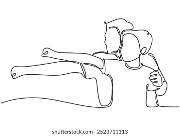 Continuous line drawing of a father spreading his arms with his child. Simple design representing joy and playfulness. Vector illustration.