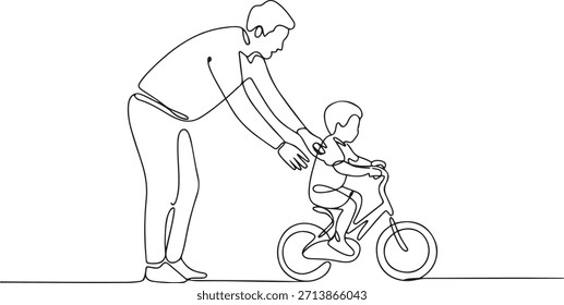 Desenho de Linha Contínuo de um Pai Ensinando uma Criança a Andar de Bicicleta. Desenho de ícone de uma linha com fundo branco
